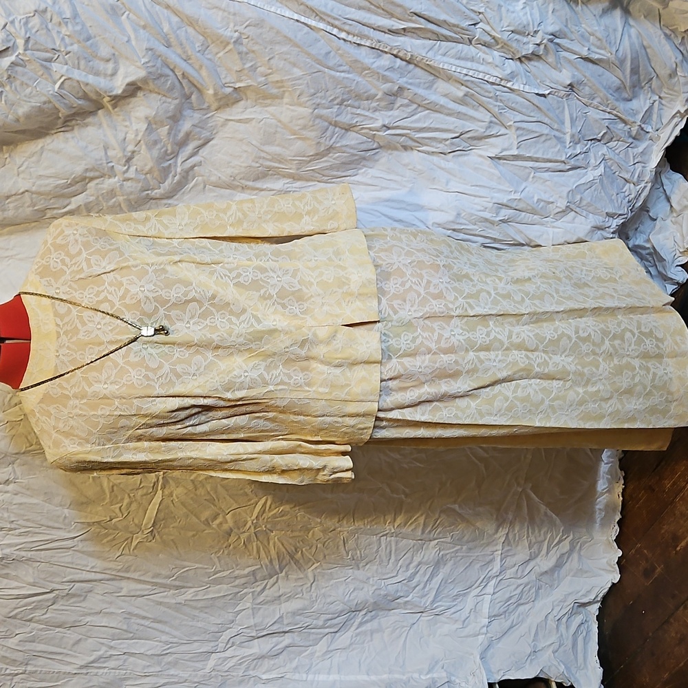 Vintage Yellow with White Lace Overlay Blouse and Skirt Set